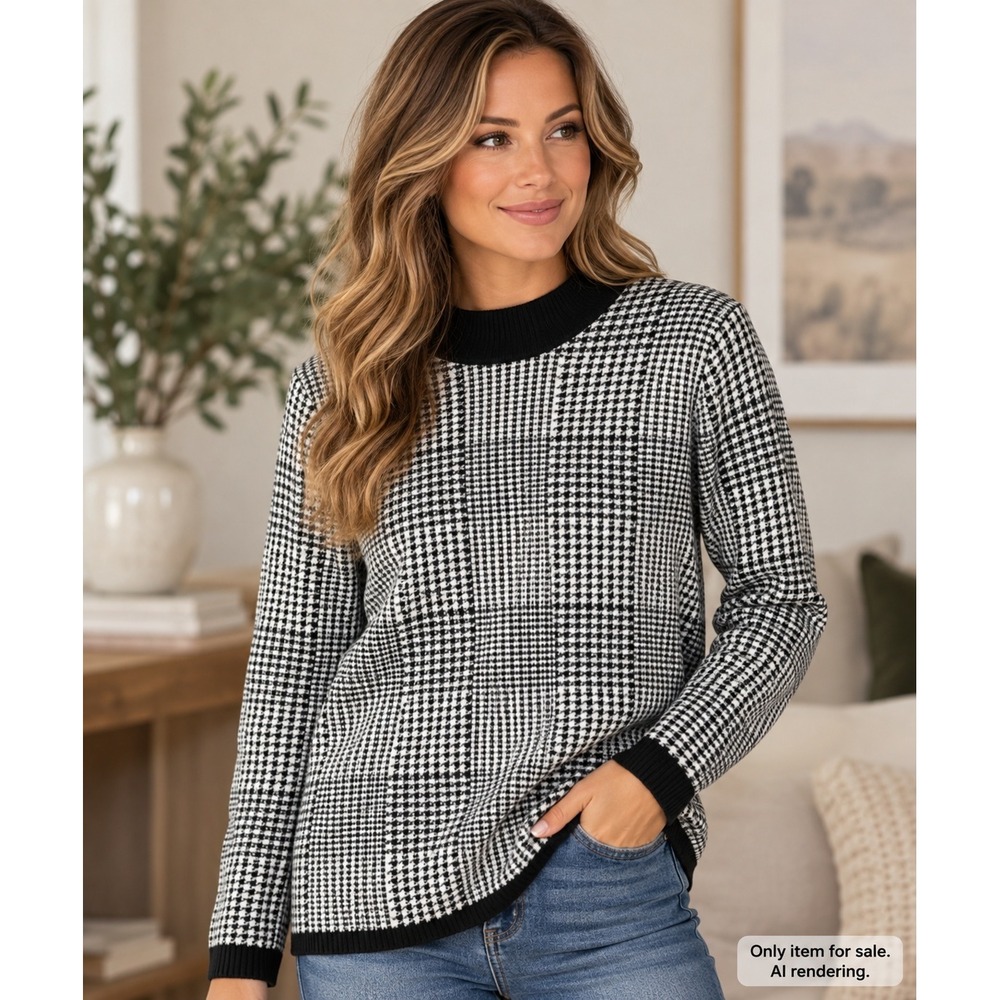 Tahari Houndstooth Plaid Mock Neck Knit Sweater Black White Office Chic Large